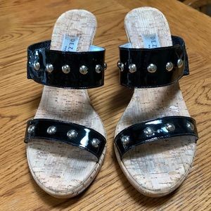 Dezario black heel with patent leather strap and silver embellishments 9M